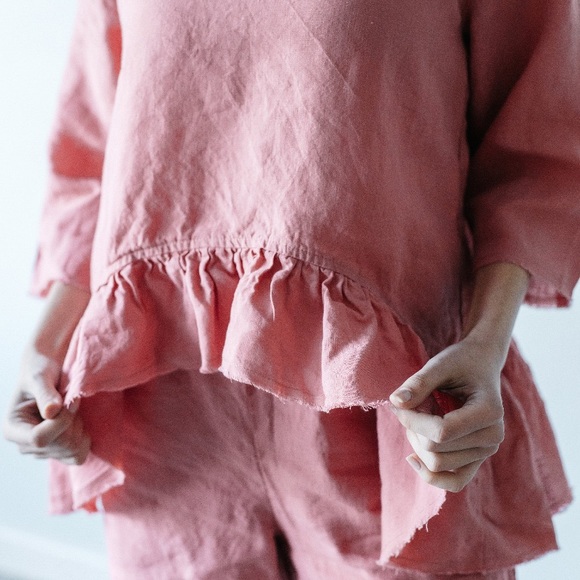 LenokLINEN Loose Ruffle Linen Blouse Coral S - Picture 2 of 11
